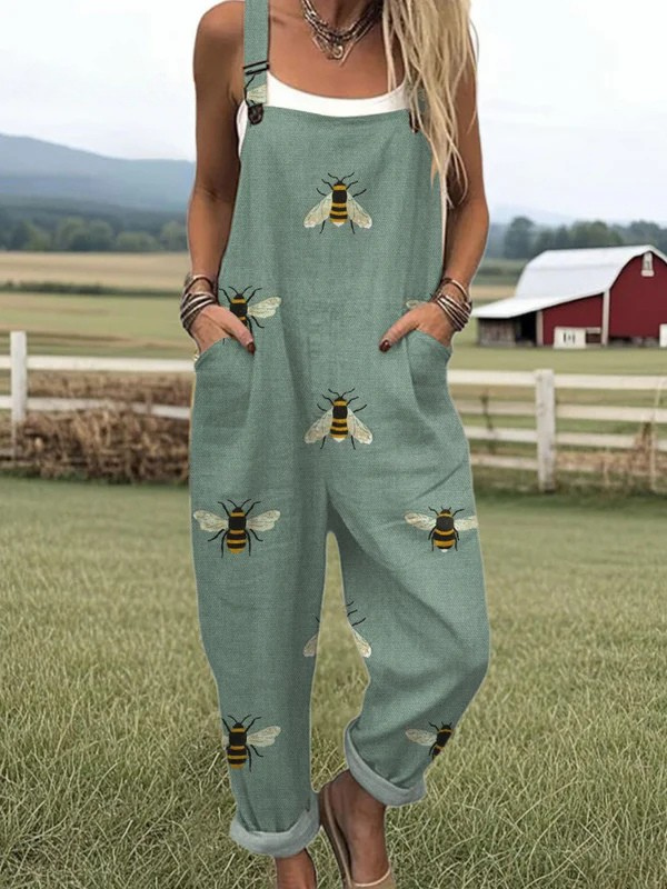 Women's Jumpsuit - Vintage Bee Print, Bekväm bred bendesign
